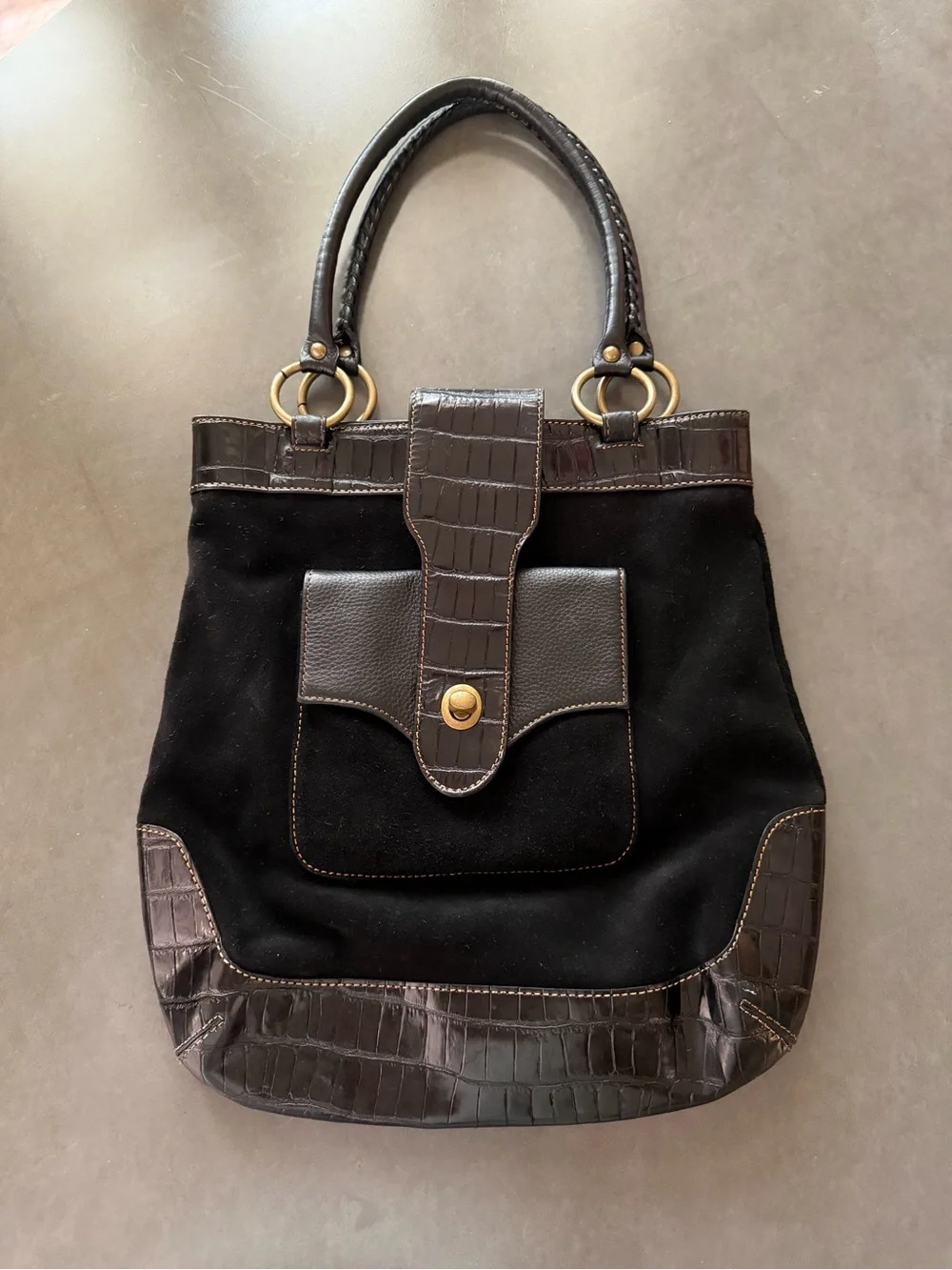 HOBO International Black Suede Croc Embossed Leather Shoulder Tote Bag
